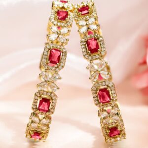 Set of 2 18K Gold-Plated Ruby Red & White Zirconia Studded Floral Design Bangles - 2.4