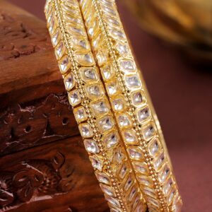 Set of 2 18K Gold-Plated White Kundan Studded Broad Traditional Bangles - 2.6