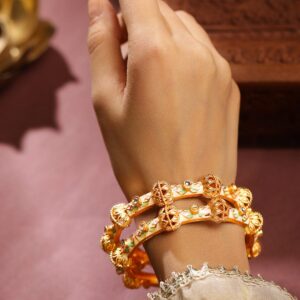 Set of 2 18K Gold Plated White, Pink & Green Enamel & Kundan Studded Bangles - 02-Aug