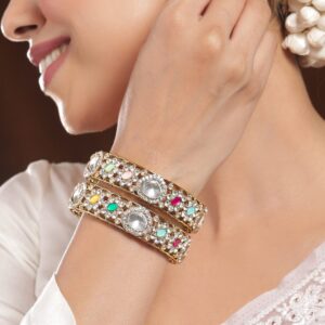 Set of 2 18K Mehandi Gold-Plated Kundan & Cubic Zicronia Stone Bangles - 2.8