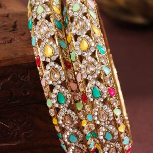 Set of 2 18K Mehandi Gold-Plated Multicolor Kundan & Zirconia Studded Designer Bangles - 2.6