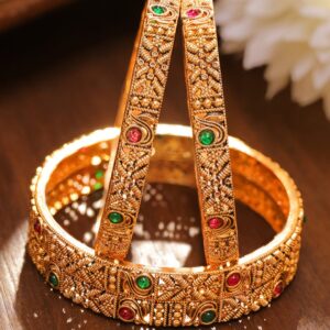 Set of 2 22K Gold-Plated Antique Bangles with Ruby Red & Emerald Green Stones - 2.4