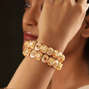 Set of 2, 22K Gold plated Blue enamel detailed ghungroo studded contemprory bangles. - 2.4