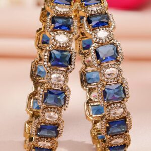 Set of 2 22K Gold-Plated Blue Sapphire & White Cubic Zirconia Studded Premium Bangles - 2.4