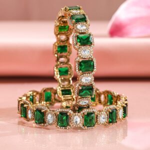 Set Of 2 22K Gold-Plated Emerald Green & White Cubic Zirconia Stone-Studded Bangles - 2.4