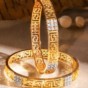 Set of 2, 22K Gold-Plated Greek Key Design & Cubic Zirconia Studded Handcrafted Bangles - 2.6