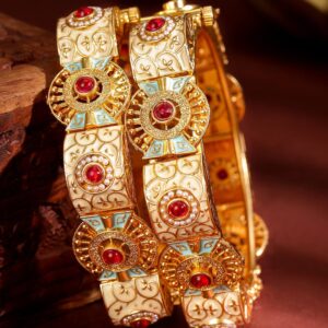 Set of 2, 22K Gold-Plated Handcrafted Traditional Bangles with Red Stones, Pearls, Blue & Peach Enamel - 2.4