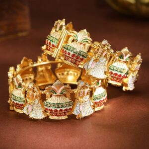Set of 2, 22K Gold-Plated Handcrafted Traditional Bridal Bangles with Multicolor Enamel Work - 2.6