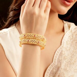 Set of 2, 22K Gold plated Kemp stone studded Filigree detail statement bangles " - 2.8