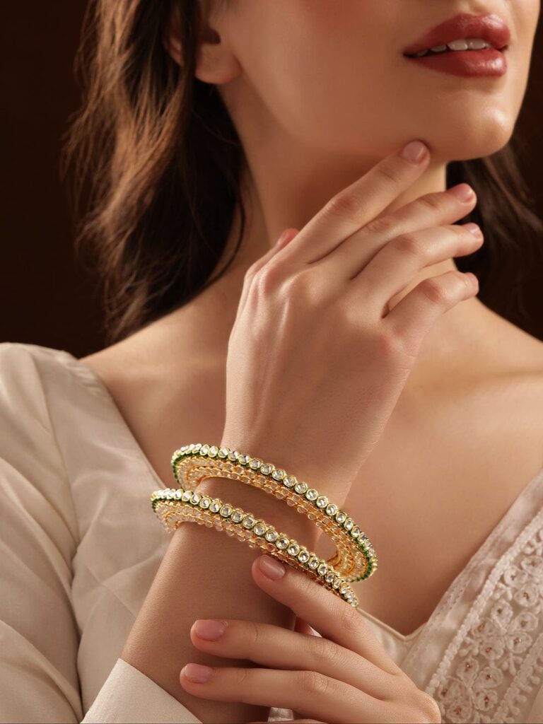 Set of 2 22K Gold-Plated Kundan Studed Handcrafted Bangles with Green Enamel Border - 2.4