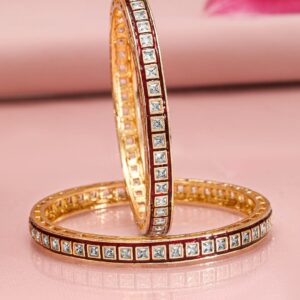 Set of 2, 22K Gold-Plated Red-Border Square-Cut White CubicZirconia Studded Bangles - 2.6