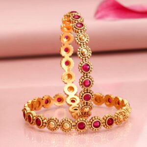 Set of 2, 22K Gold-Plated Ruby Pink Bangles with Gold Beading Traditional Design - 2.8