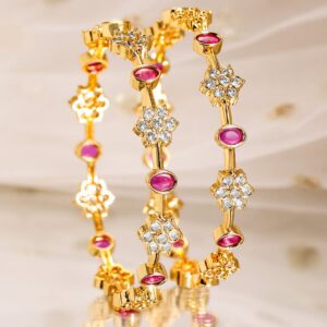 Set of 2, 22K Gold-Plated Ruby Pink & Cubic Zirconia Studded Handcrafted Bangles - 02-Jun