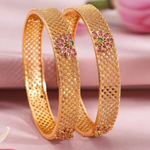 Set of 2 22K Gold Plated Ruby Pink & Emerald Green Stone Studded Bangles - Gold / 2.6
