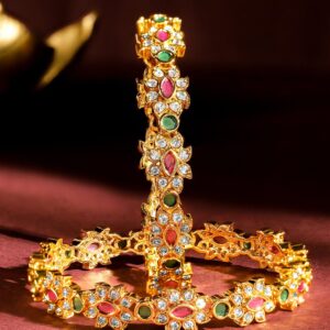 Set of 2, 22K Gold-Plated Ruby Pink & Emerald Green Stone Studded Handcrafted Bangles - 02-Apr