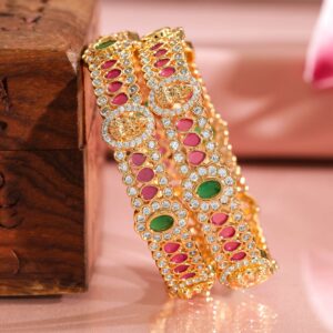Set of 2, 22K Gold-Plated Ruby Pink & Emerald Stone Studded Traditional Bangles - 2.4