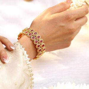 Set of 2, 22K Gold-Plated Ruby Pink Stone Studded Traditional Bangles - 2.6