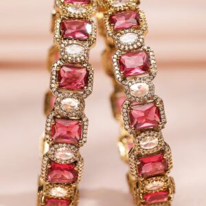 Set of 2 22K Gold-Plated Ruby Pink & White Cubic Zirconia Studded Premium Bangles - 2.6