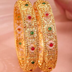 Set of 2 24K Gold-Plated Handcrafted Floral Bangles with Ruby Red & Emerald Green Stones - 2.8