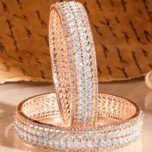 Set of 2 22K Rose Gold-Plated White Cubic Zirconia Studded Leaf Motif Handcrafted Premium Bangles - 02-Jun