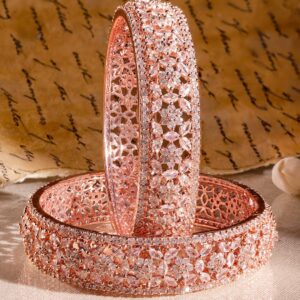 Set of 2 22K Rose Gold Plated Cubic Zirconia Stone Studded Floral Design Bangles - 02-Apr