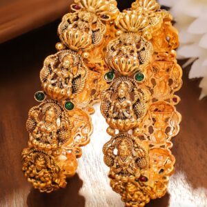 Set of 2 24K Gold-Plated Divine Lakshmi Temple Bangles with Ruby & Emerald Stones - 2.4