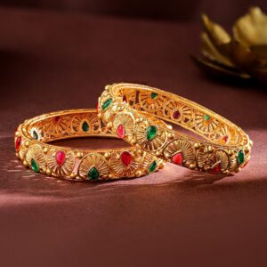 Set of 2, 24K Gold-Plated Handcrafted Bangles with Ruby Red & Emerald Green Stones - 02-Jun