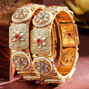 Set of 2, 24K Gold-Plated Handcrafted Kundan & Pearl Studded Meenakari Bangles - 02-Jun
