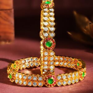 Set Of 2 24K Gold-Plated Ruby Pink & Emerald Green Kundan & White Cubic Zirconia Studded Handcrafted Bangles - 02-Jun