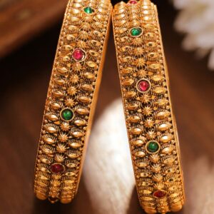 Set of 2 24K Gold-Plated Ruby Red & Emerald Green Studded Golden Beaded Bangles - 2.8