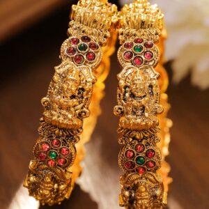Set of 2 24K Gold-Plated Ruby Red & Green Stone Studded Temple Bangles with Lakshmi Motif - 2.4