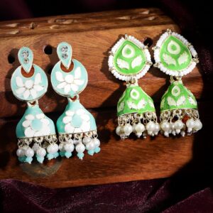 set of 2, Meenakari Mint blue and Mint green Jhumka with White Beads Earrings - Green and Blue