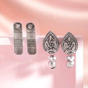 Set Of 2 Oxidised Geometric Drop Earrings - Silver