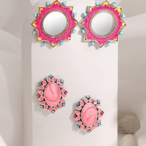 Set Of 2, Oxidized Finish With Multicolor Stone Studded Earrings - Multicolor