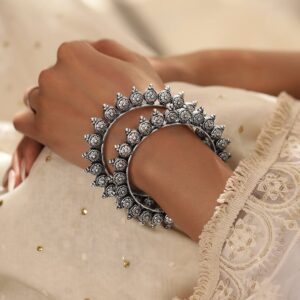 Set of 2 Oxidized Silver plated Bangles with Lotus Motif - 2.4