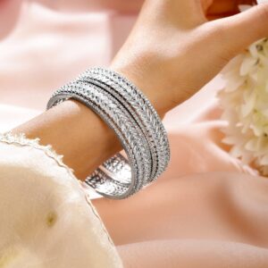 Set of 2 Premium Rhodium-Plated Cubic Zirconia Studded Leaf Motif Luxe Bangles - 02-Apr