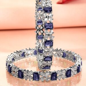 Set of 2 Rhodium-Plated Blue Sapphire & White Cubic Zirconia Studded Handcrafted Bangles - 2.6