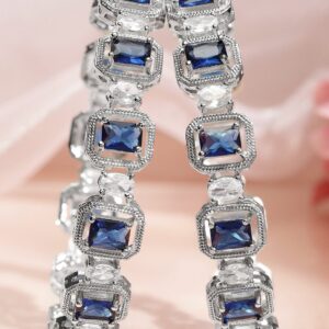 Set of 2 Rhodium-Plated Blue Sapphire & White Zirconia Studded Designer Bangles - 2.6