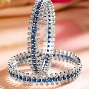 Set of 2 Rhodium-Plated Blue & White Cubic Zirconia Studded Handcrafted Luxe Bangles for Women - 02-Apr