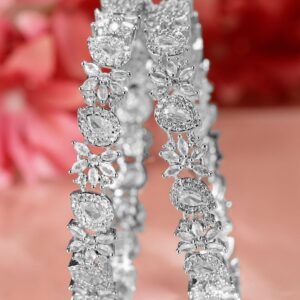 Set of 2 Rhodium-Plated Cubic Zirconia Studded Floral Pattern Premium Bangles - 02-Jun