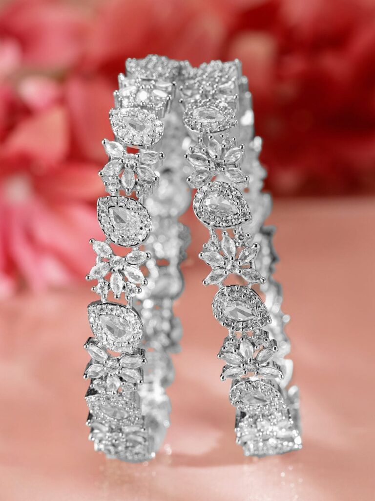 Set of 2 Rhodium-Plated Cubic Zirconia Studded Floral Pattern Premium Bangles - 02-Apr