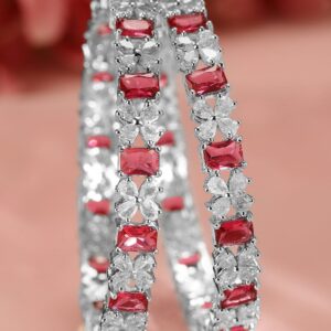 Set of 2 Rhodium-Plated Ruby Pink & White Cubic Zirconia Studded Bangles - 2.8