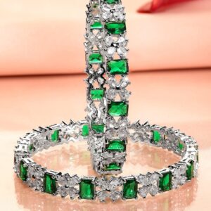 Set of 2 Rhodium-Plated Emerald Green & White Cubic Zirconia Studded Bangles - 2.6
