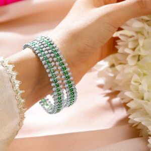 Set of 2 Rhodium-Plated Emerald Green & White Cubic Zirconia Studded Luxe Bangles - 02-Apr