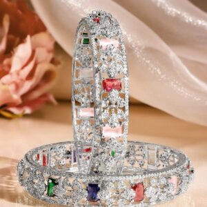 Set of 2 Rhodium-Plated Multicolor AAA Cubic Zirconia Studded Handcrafted Bangles - 02-Jun