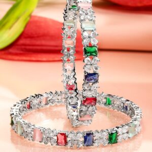 Set of 2 Rhodium-Plated Multicolor AD & Cubic Zirconia Studded Floral Bangles - 2.8