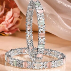 Set of 2 Rhodium-Plated Pastel Green & Pink and White Cubic Zirconia Studded Bangles - 2.8