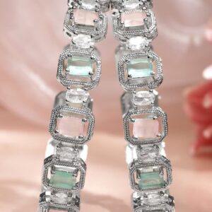 Set of 2 Rhodium-Plated Pastel Pink, Mint Green & White Zirconia Studded Bangles - 2.4