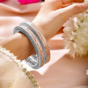 Set of 2 Rhodium-Plated Peach Cubic Zirconia Studded Handcrafted Premium Bangles - 02-Aug