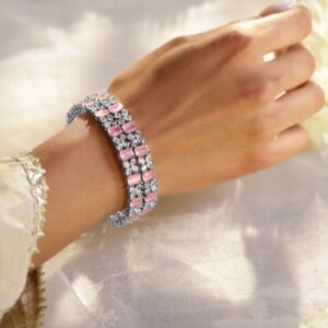 Set of 2 Rhodium-Plated Pastel Pink & White Cubic Zirconia Studded Bangles - 02-Apr